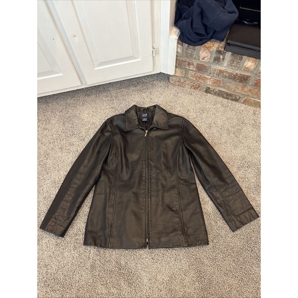 Vintage Gap Jacket Mens Med Black Genuine Leather Bomber Jacket 90s Y2K Retro